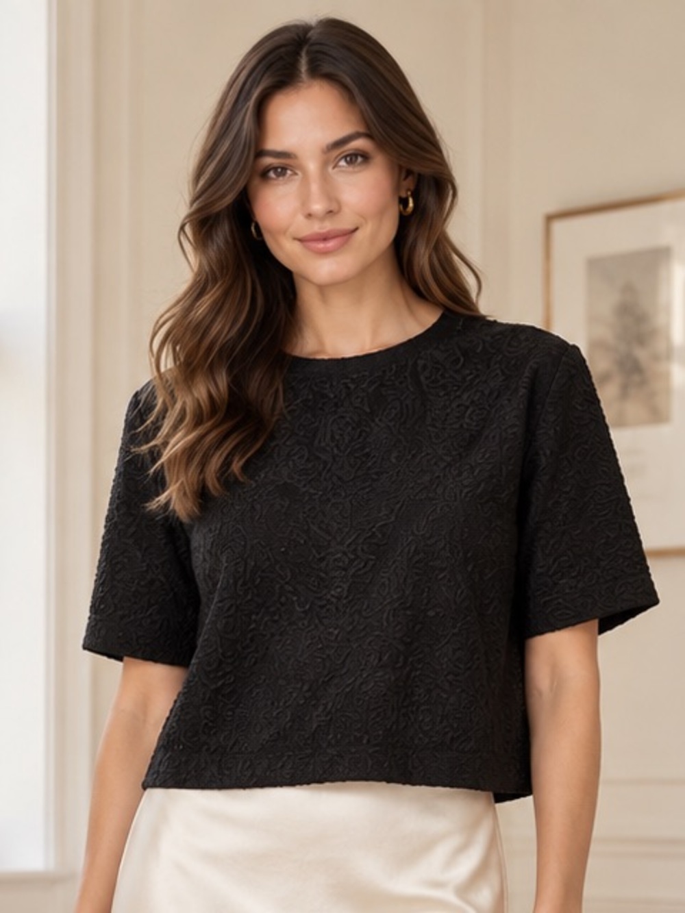 H2O Moda Black Textured Paisley Cropped Top Size XL